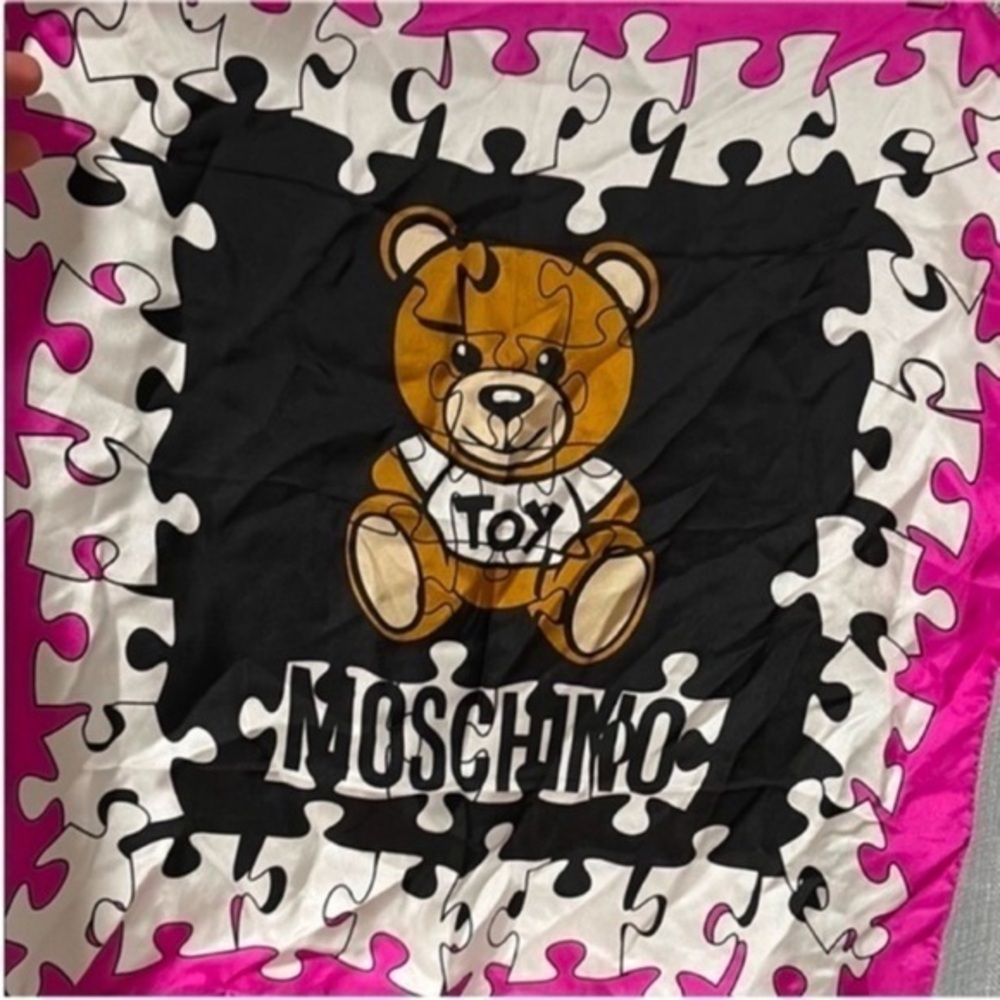 Moschino puzzle teddy bear silk scarf NWT
